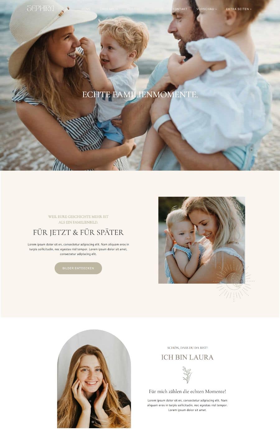 Sephira WordPress Theme – Website-Vorlage für Fotografen 8 Sephira Theme Familienfotografie-Seite mit Strandszene, Text 'ECHTE FAMILIENMOMENTE'