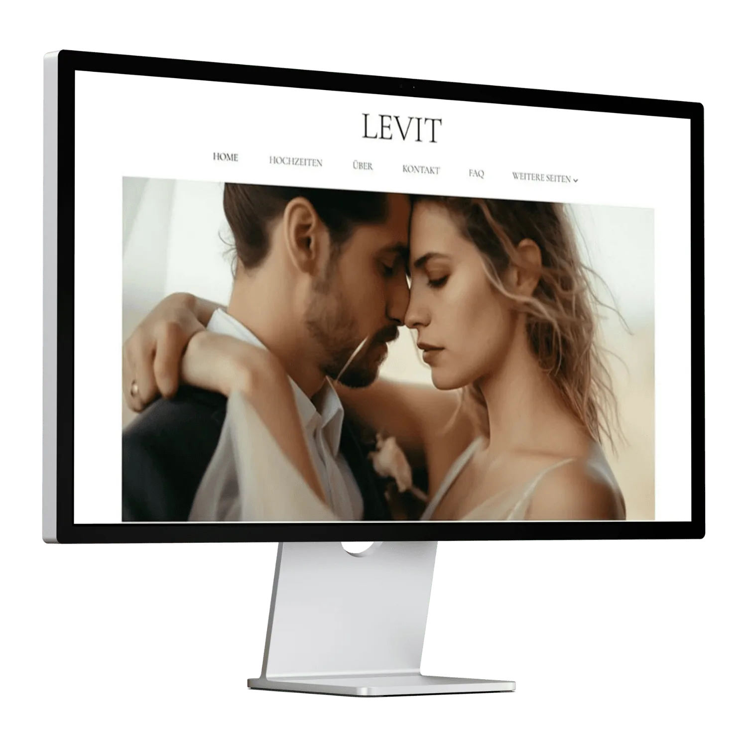 Sephira WordPress Theme – Website-Vorlage für Fotografen 10 Desktop-Monitor zeigt Levit Website Theme mit intimem Brautpaar-Porträt und Navigation