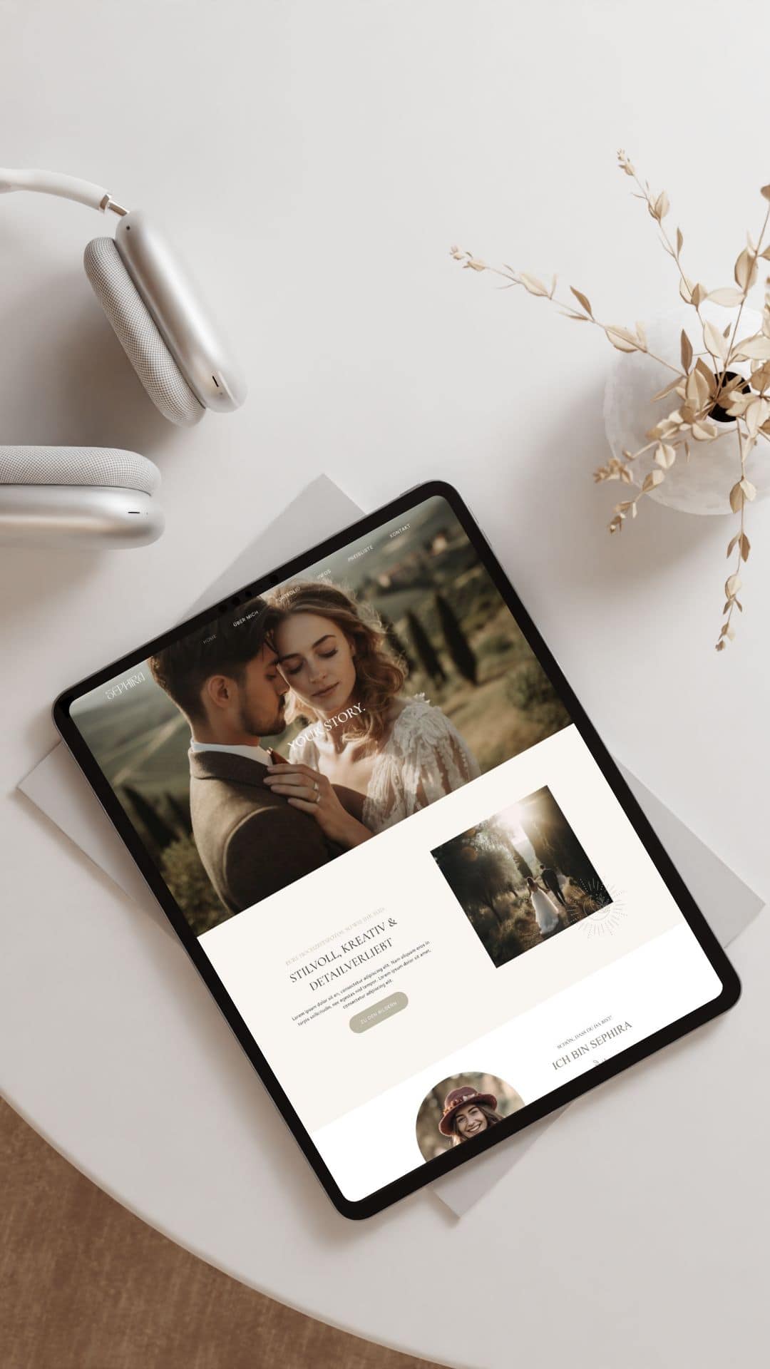 Sephira WordPress Theme – Website-Vorlage für Fotografen 4 iPad-Tablet zeigt Sephira Theme mit Hero-Bereich auf weißem Hintergrund mit Kopfhörer