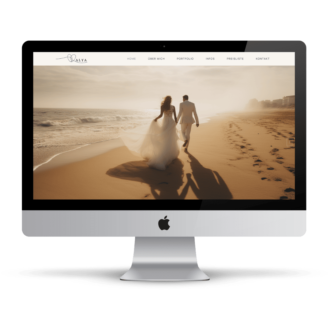 Sephira WordPress Theme – Website-Vorlage für Fotografen 9 iMac-Monitor zeigt Malya Website Theme mit Brautpaar am Strand in Sunset-Szenerie