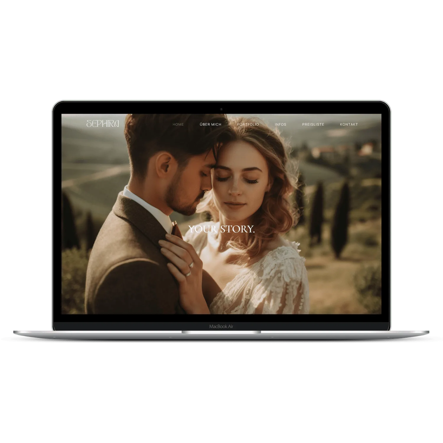 Sephira WordPress Theme – Website-Vorlage für Fotografen 5 MacBook Air zeigt Sephira WordPress Theme Hero mit Brautpaar-Fotografie und Navigation