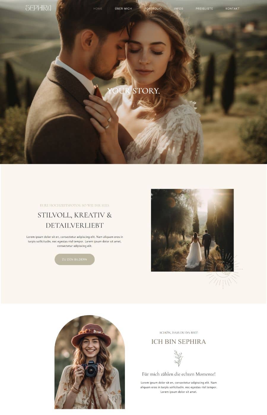 Sephira WordPress Theme – Website-Vorlage für Fotografen 1 Sephira Website Theme Hero-Bereich mit Brautpaar in Tuscany-Landschaft, Tagline 'YOUR STORY.'