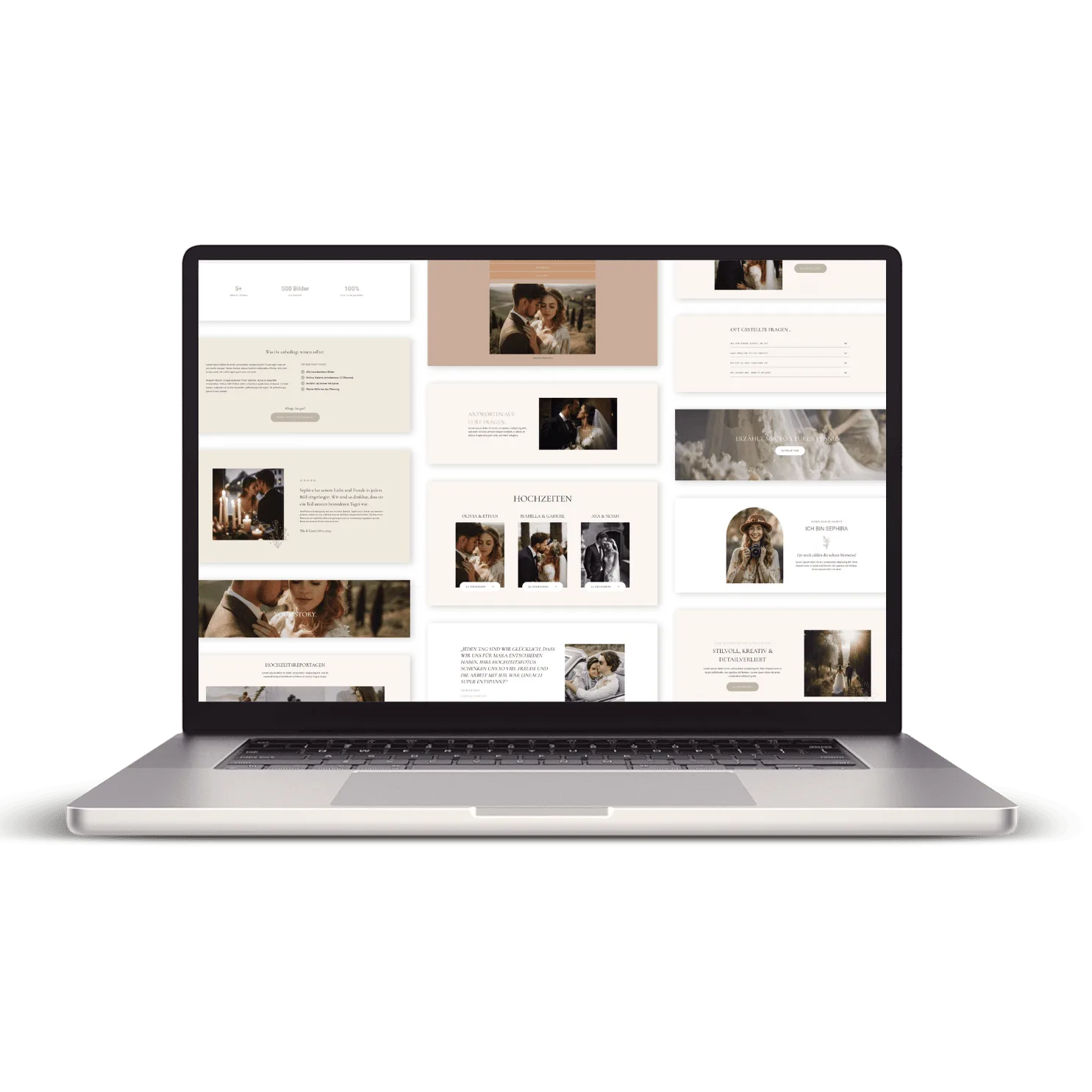 Sephira WordPress Theme – Website-Vorlage für Fotografen 3 Laptop-Mockup zeigt Sephira WordPress Theme mit mehreren Seiten-Layouts für Hochzeitsfotografie