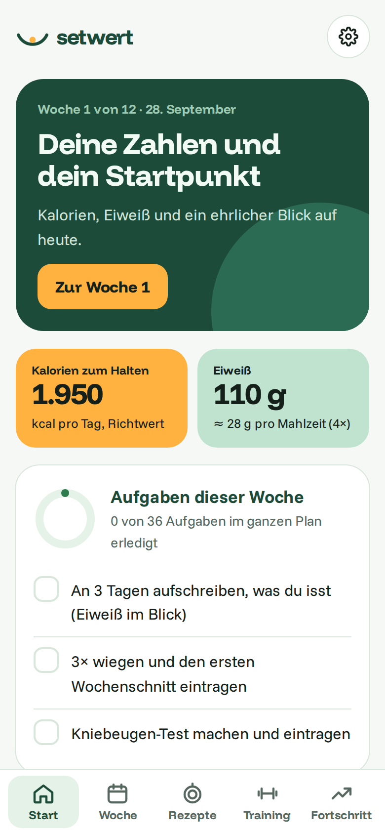 Setwert-Halteplan App Startbildschirm mit Trainingsplan und Ernährungsverfolgung