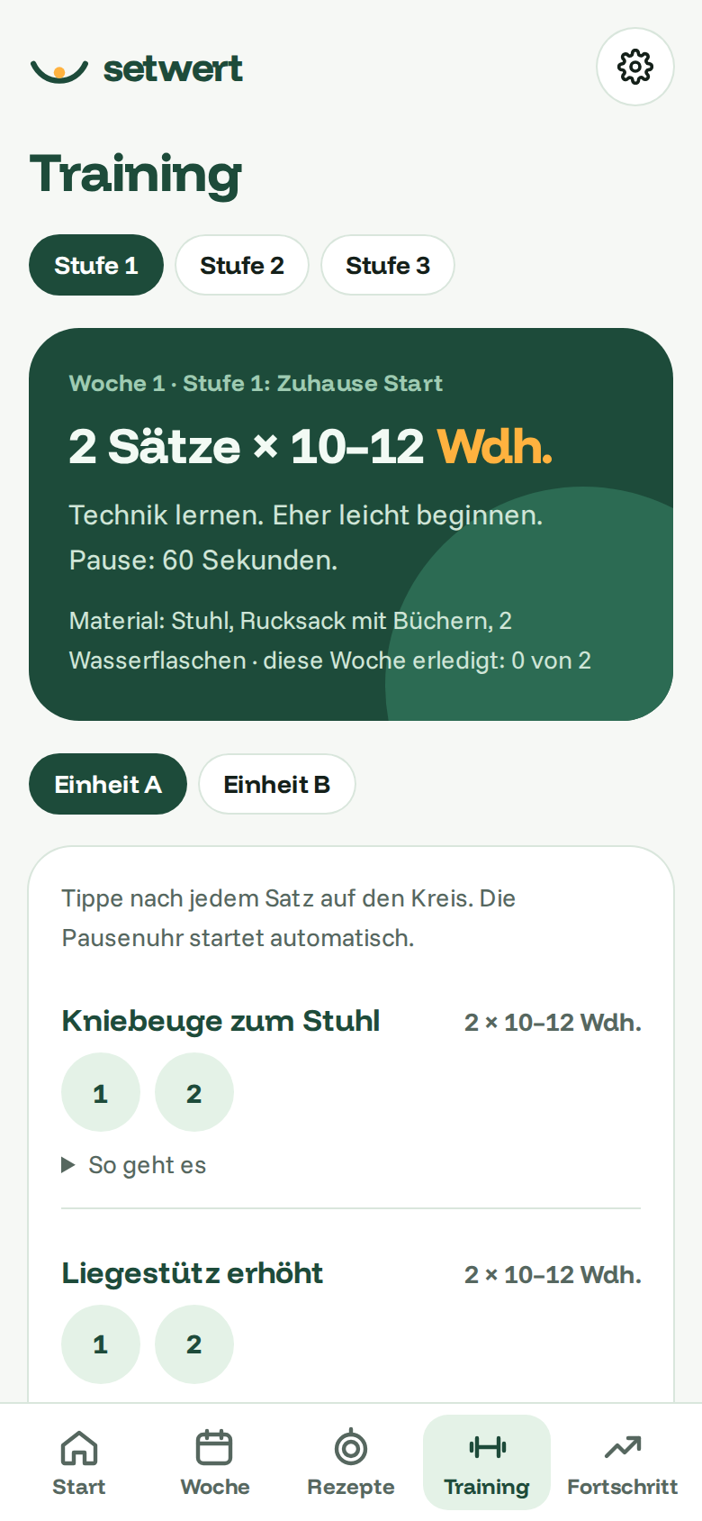 Setwert-Halteplan App Detailansicht mit Fortschrittsanzeige
