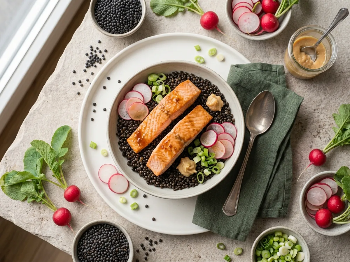 Lachs mit Miso, Linsen und Radieschen - Ernährungsrezept Halteplan