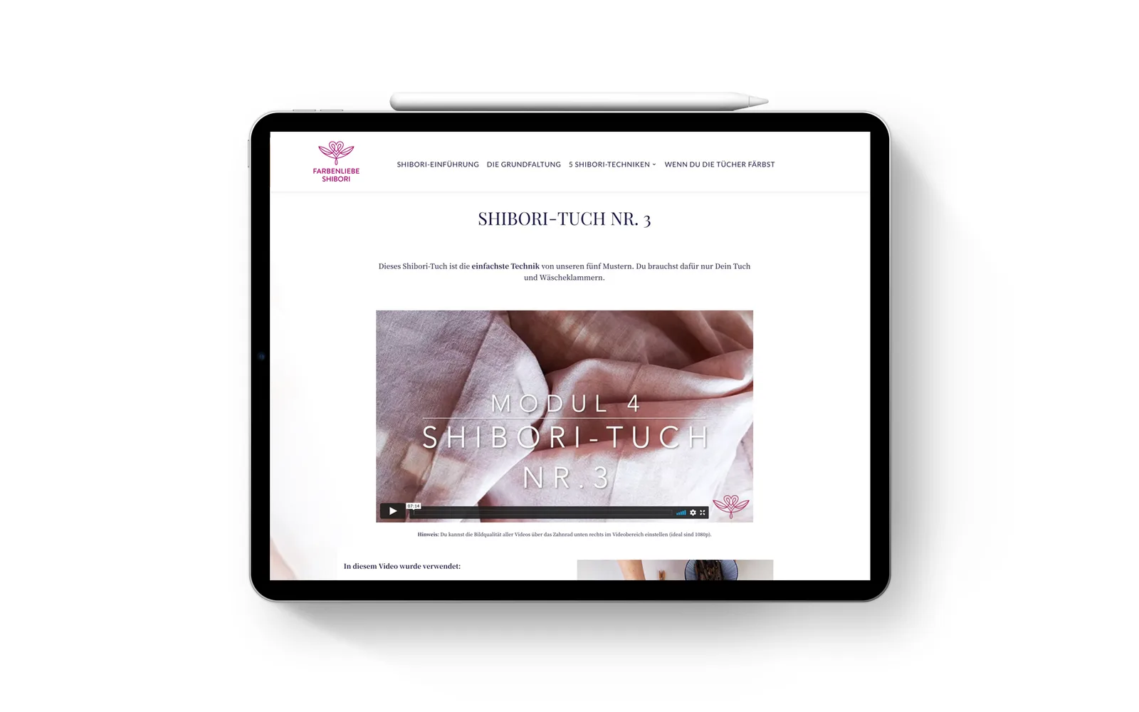 Shibori-Muster Onlinekurs für Beginner – Videokurs zum Stofffärben 1 Mockup eines Tablets mit Kurs-Mitgliederbereich zeigt Shibori-Tuch Nr. 3