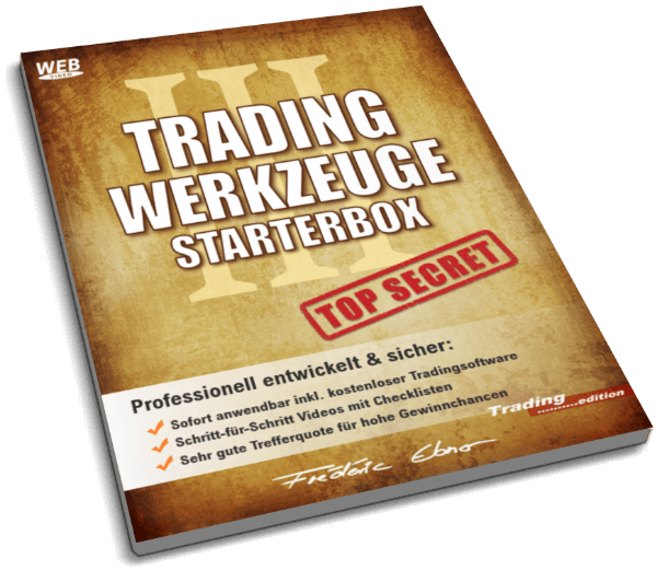 Buchcover "Trading Werkzeuge Starterbox - Top Secret" mit Trading-Charts und Checklisten-Icons