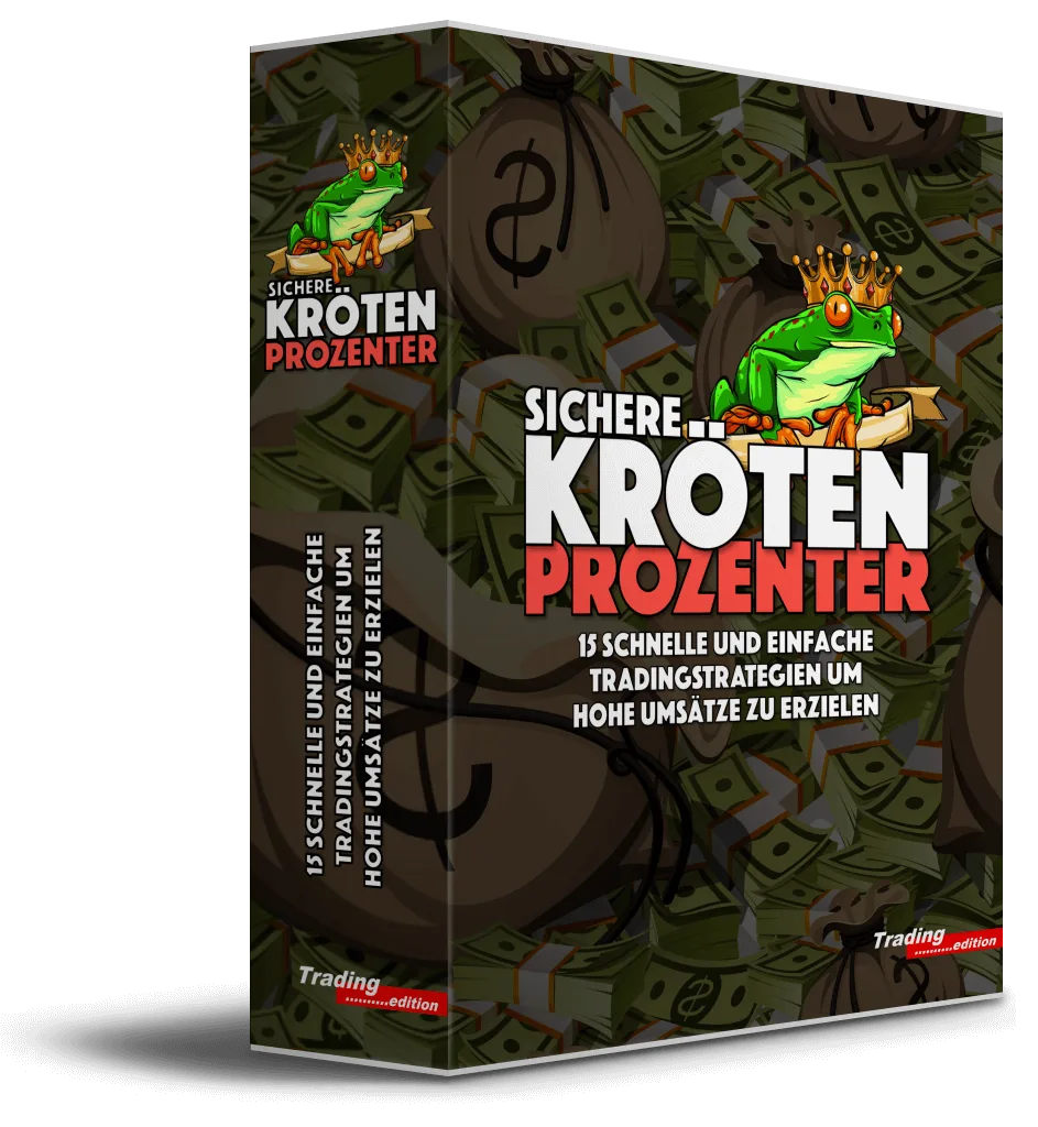 Produktbox "Sichere Kröten Prozenter" mit Frosch-König und Geldschein-Design, Untertitel zu 15 Tradingstrategien