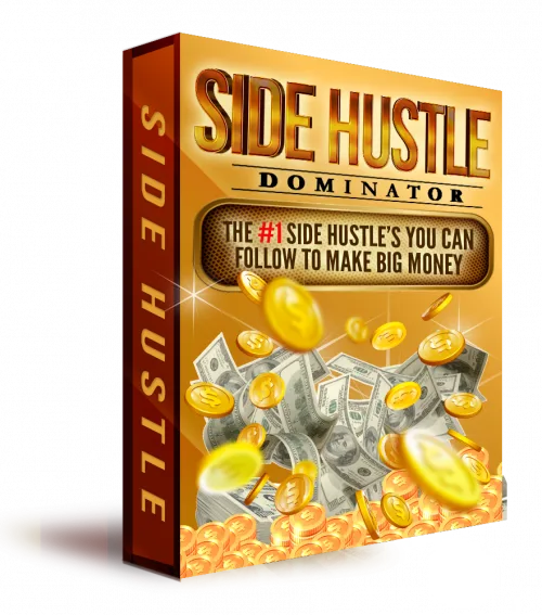 Produktbox Side Hustle Dominator mit goldener 3D-Schrift, Münzen und Geldscheinen, Untertitel "The #1 Side Hustle's You Can F