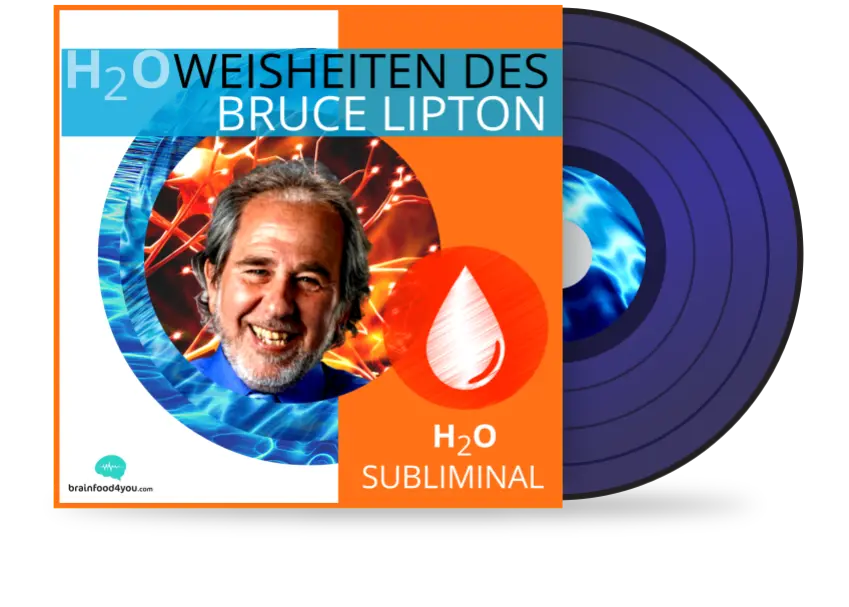 H2O Weisheiten des Bruce Lipton Album Cover mit violetter Schallplatte und Wassertropfen
