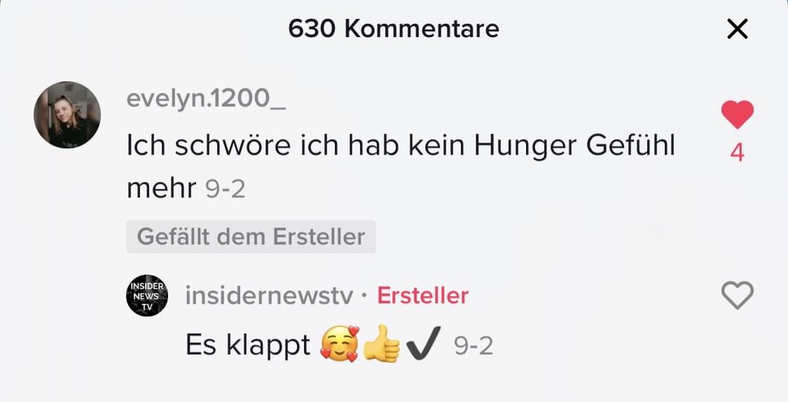 Instagram-Kommentar von evelyn.1200_ und Antwort über Hunger-Effekte