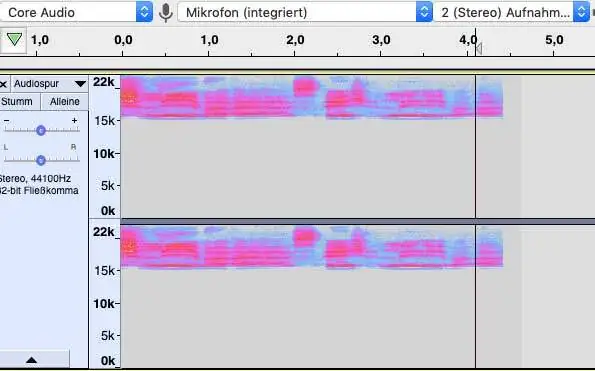 Audiosoftware-Screenshot mit Wellenform-Spektrum in Magenta und Blau, Mikrofoneingang, Stereo-Aufnahme, Frequenzen bis 22 kHz