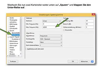 Software-Fenster mit Einstellungen-Sprachkomme, grüne Pfeile auf Spur und Mapper-Elemente