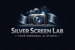 Silver Screen Lab Logo mit Vintage-Kamera und Filmstreifen auf dunklem Hintergrund