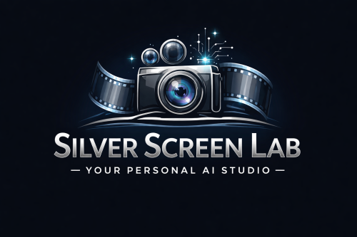 Silver Screen Lab Logo mit Vintage-Kamera und Filmstreifen auf dunklem Hintergrund