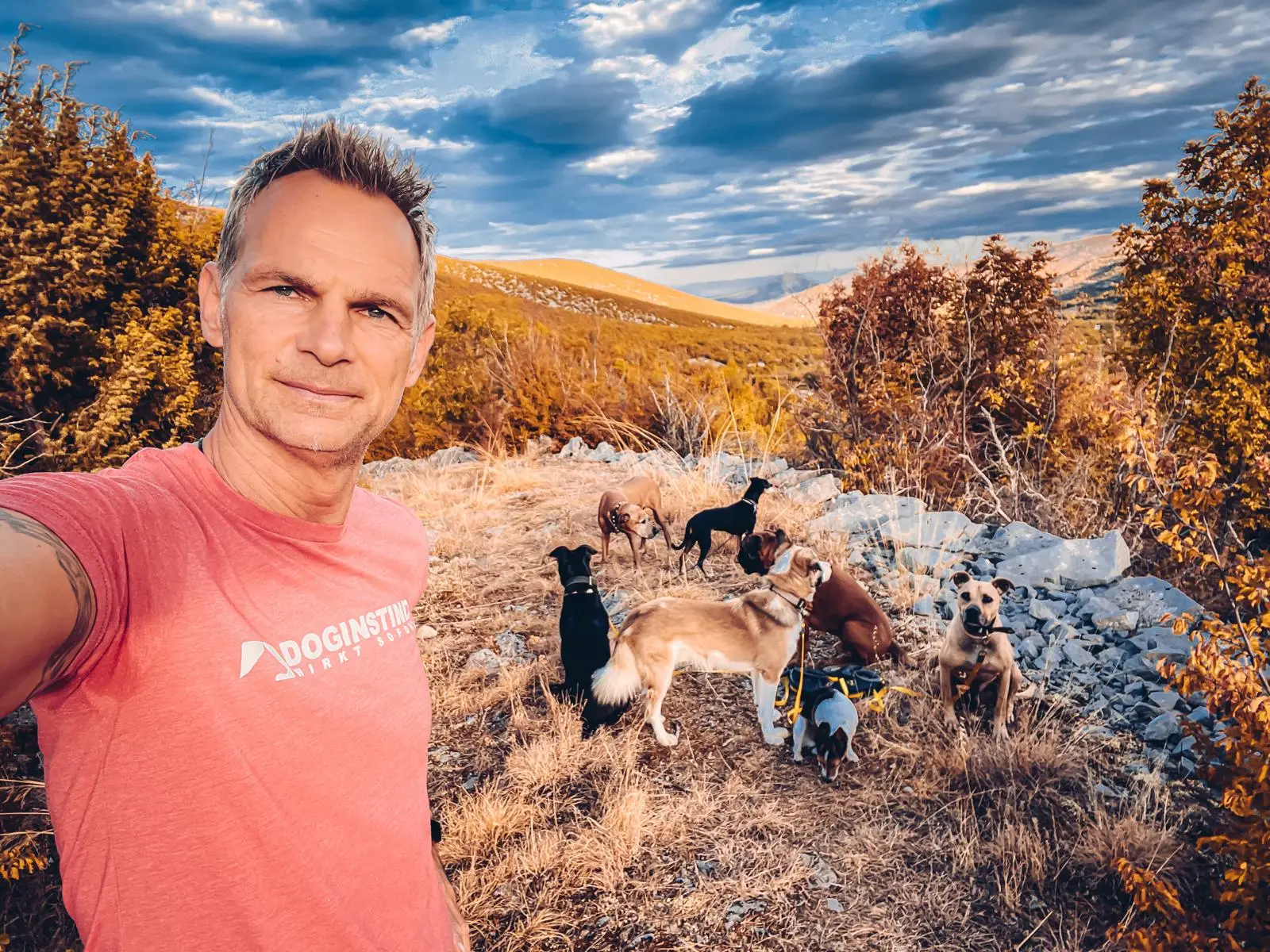 Silvester- und Geräuschangst – Videokurs für Hundehalter 4 Patrick mit Hundegruppe in bergiger Landschaft Selfie