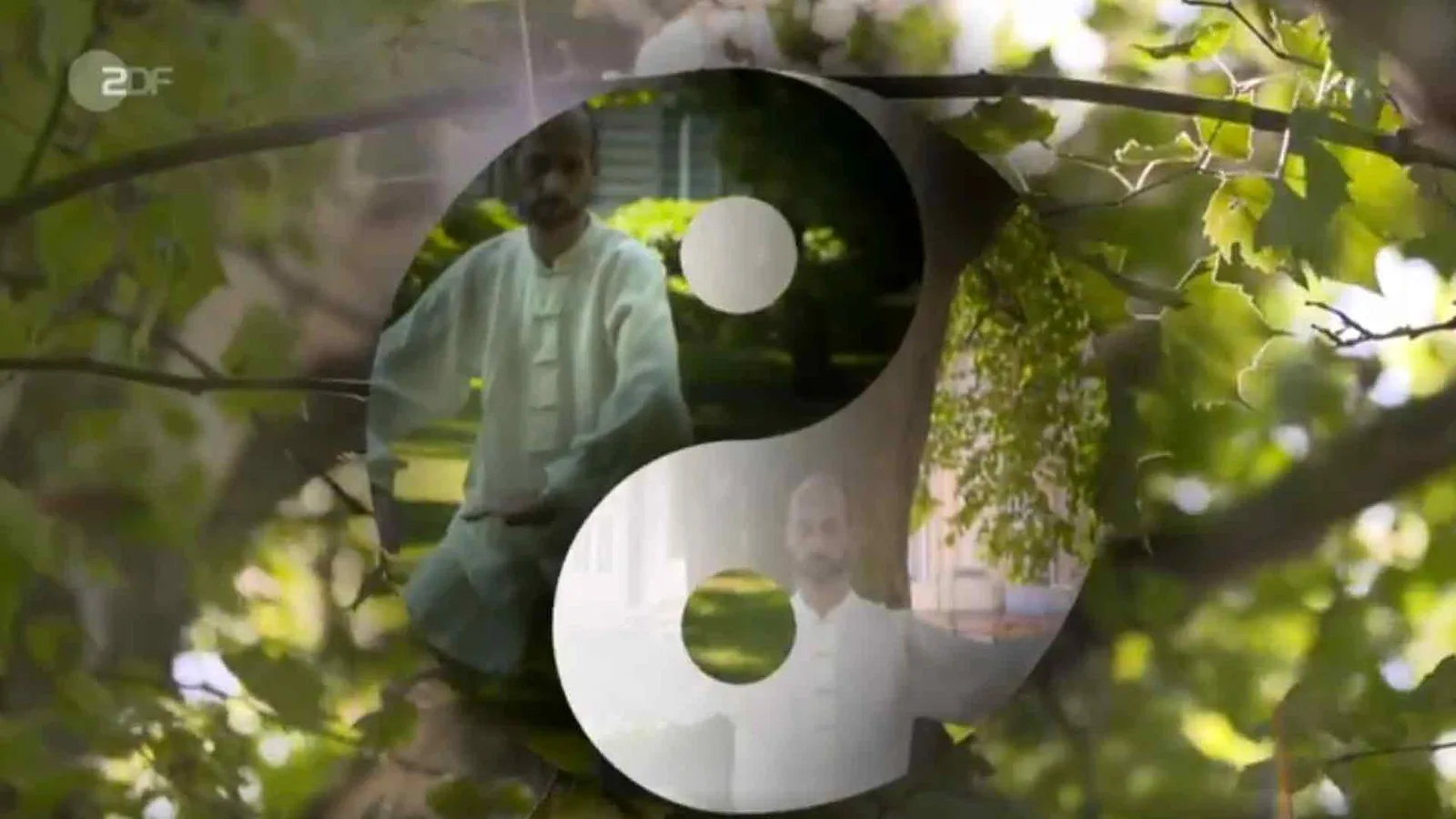 Tobias Puntke in weißem Anzug durch Yin-Yang-Symbol mit ZDF-Logo