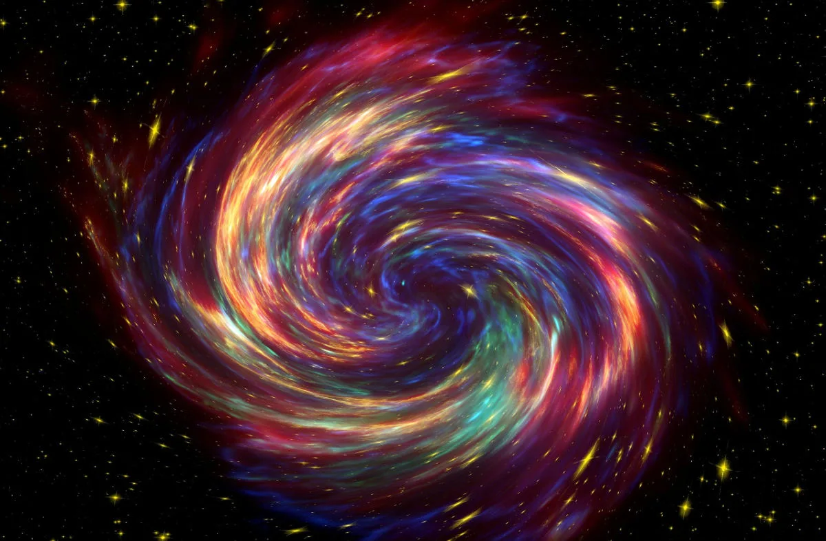Kosmische Galaxie mit spiralförmigen Strukturen in Rot-, Blau- und Goldtönen mit Sternen