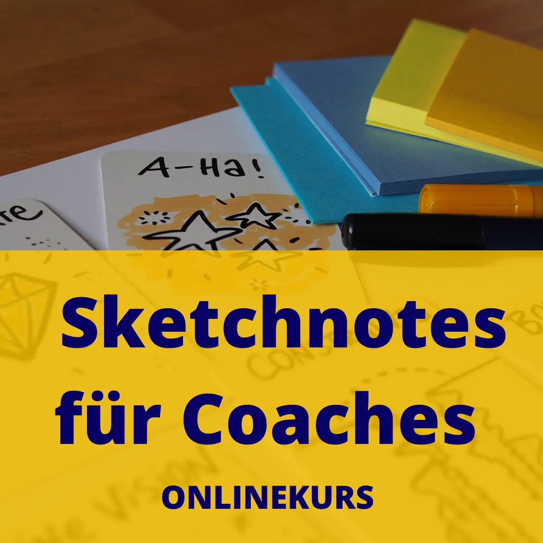Sketchnotes für Coaches – Videokurs zum visuellen Arbeiten 10 Produkt-Mockup Sketchnotes für Coaches Onlinekurs mit Materialien und Text auf gelbem Hintergrund