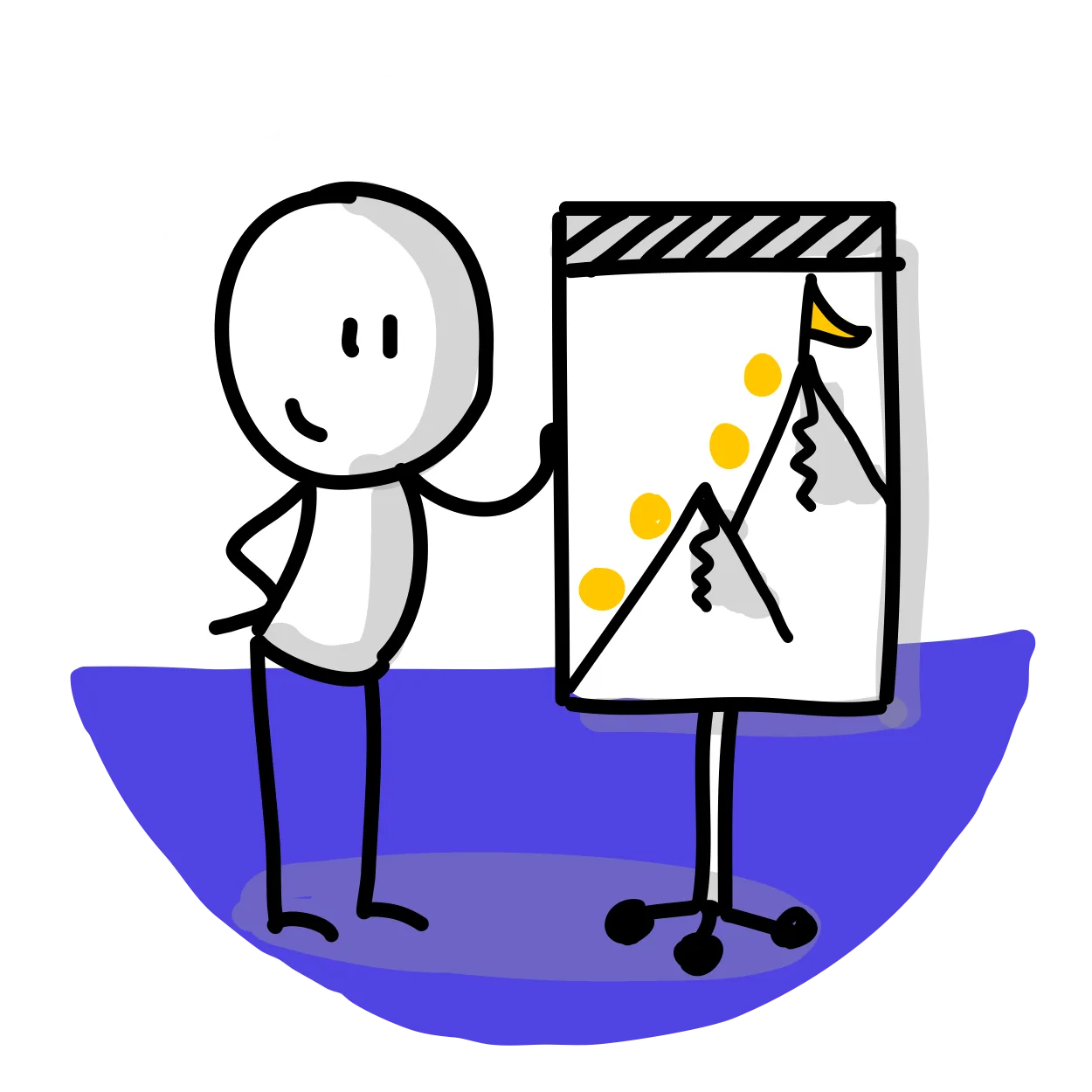 Sketchnotes für Coaches – Videokurs zum visuellen Arbeiten 11 Illustration Strichmännchen präsentiert Flipchart mit Erfolgsdiagramm auf blauem Hintergrund