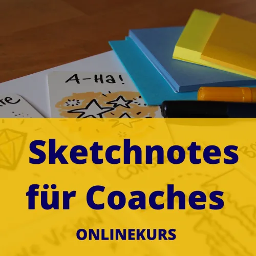 Sketchnotes für Coaches – Videokurs zum visuellen Arbeiten 7 Hero-Image des Onlinekurses Sketchnotes für Coaches mit Notizblöcken und Stiften auf gelbem Hintergrund