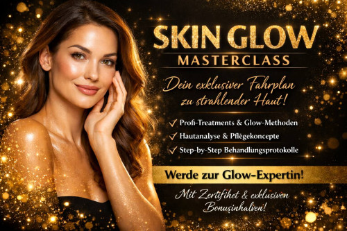 Skin Glow Masterclass Kurs-Cover mit Frau und goldenen Glitzereffekten