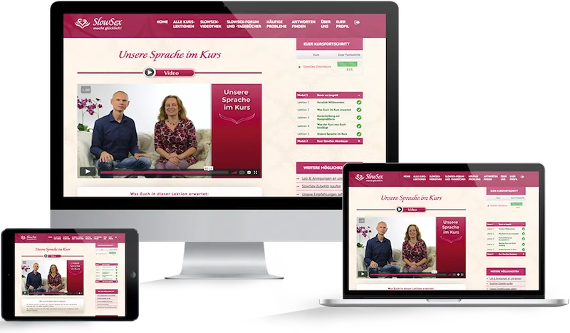 SlowSex Onlinekurs – Videokurs für Paare zu Slow Sex von Yella Cremer 1 Mockup des SlowSex Onlinekurses auf Desktop, Tablet und Smartphone mit Video und Modulübersicht