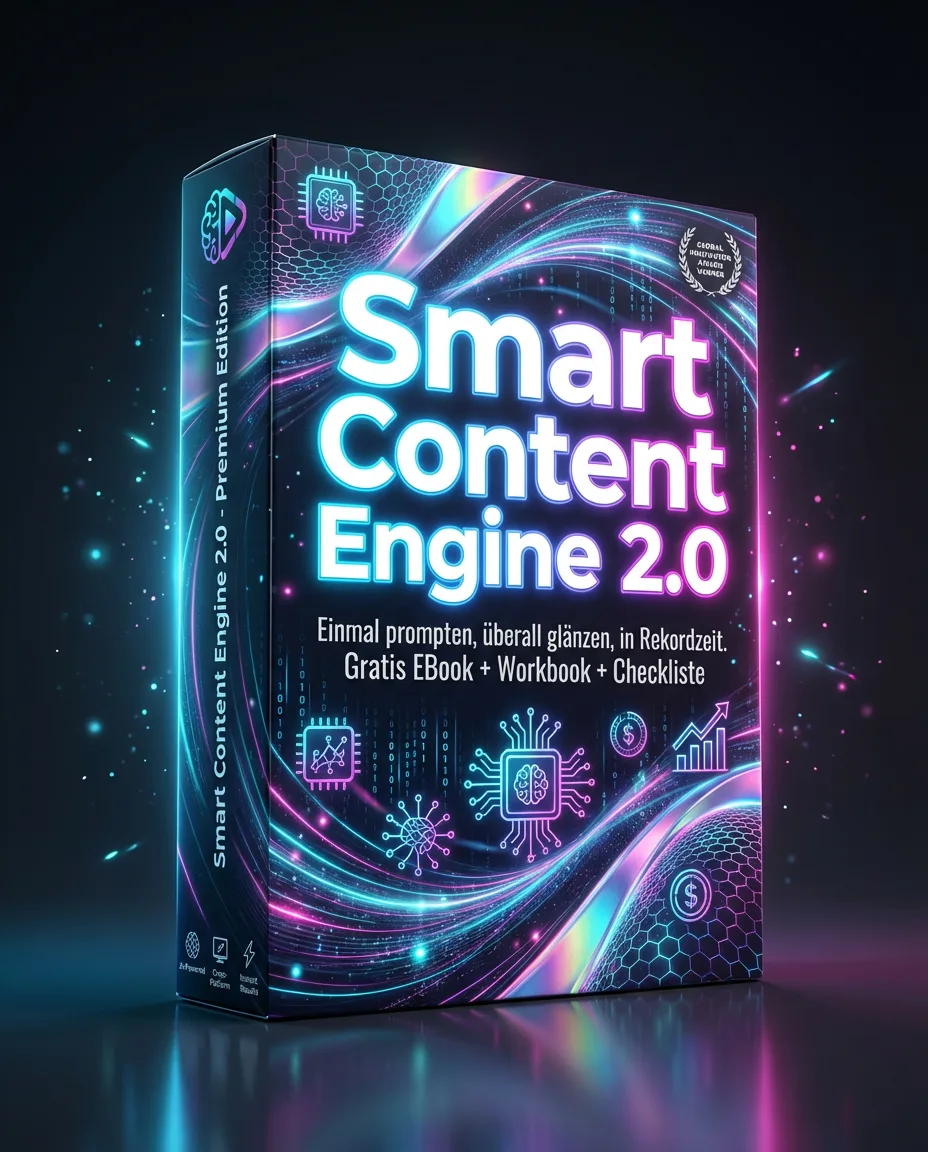 3D-Produktbox der Smart Content Engine 2.0 Premium Edition mit leuchtenden Neon-Elementen, KI-Symbolen und Gewinner-Siegel au