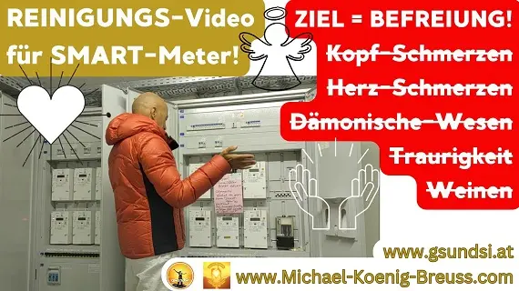 Frau in orangem Mantel zeigt auf Smart-Meter mit Text zu Befreiungszielen wie Kopfschmerzen und dämonische Wesen