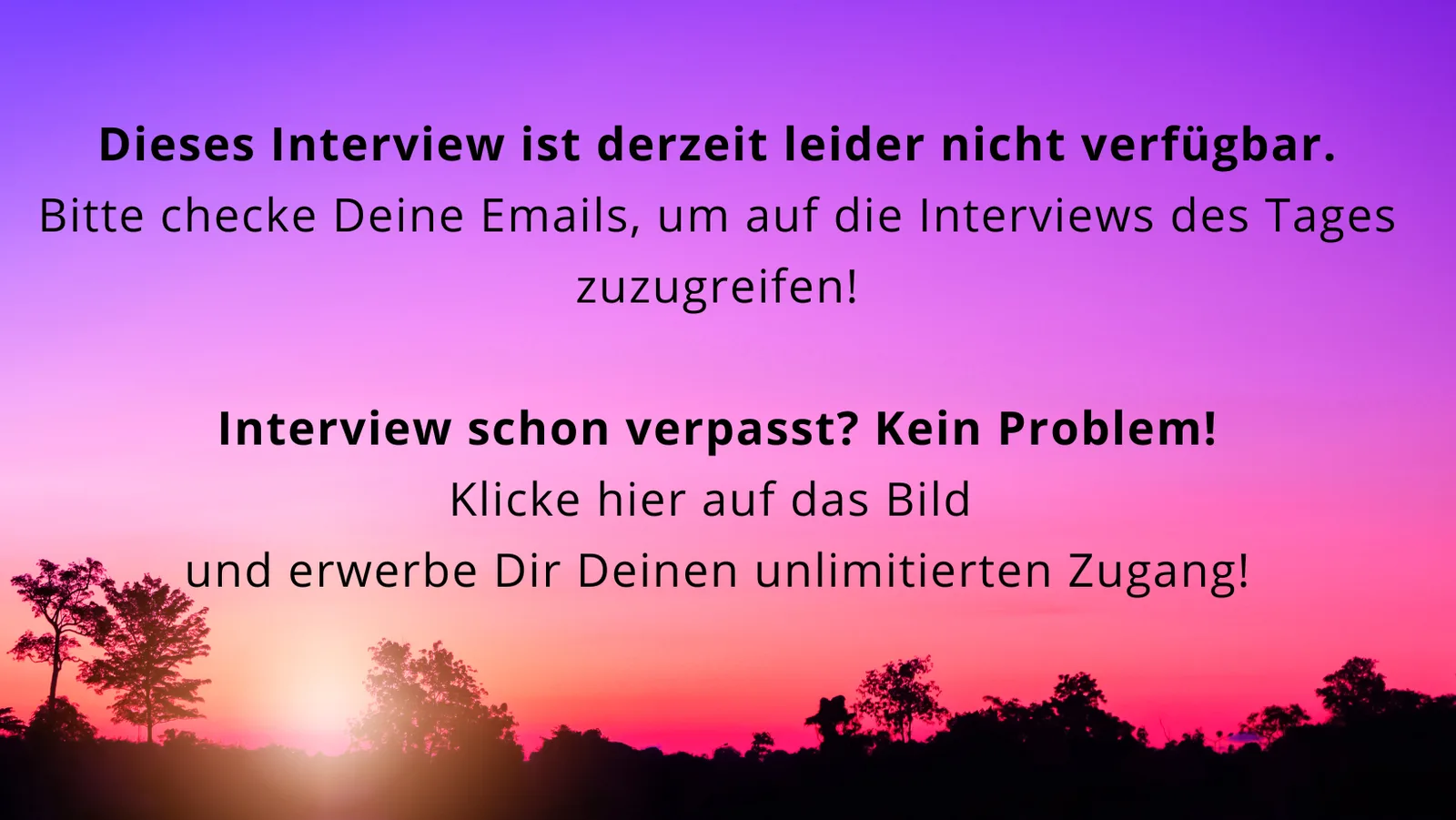 Mitteilungsscreen mit lila-rosa Farbverlauf und Sonnenuntergangsmotiv, Text zu Intervieuw-Verfügbarkeit