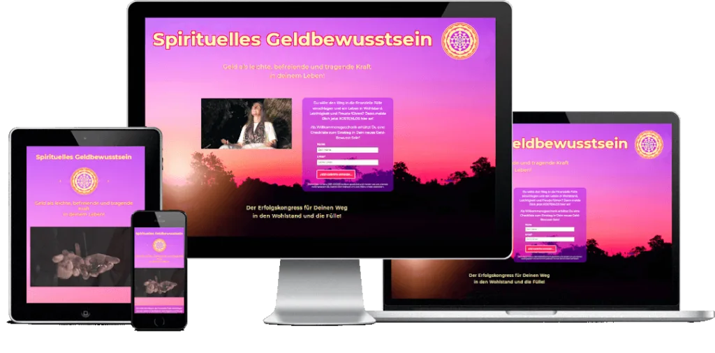 Responsive Mockup zeigt Website Spirituelles GeldBewusstsein auf Desktop, Tablet und Smartphone