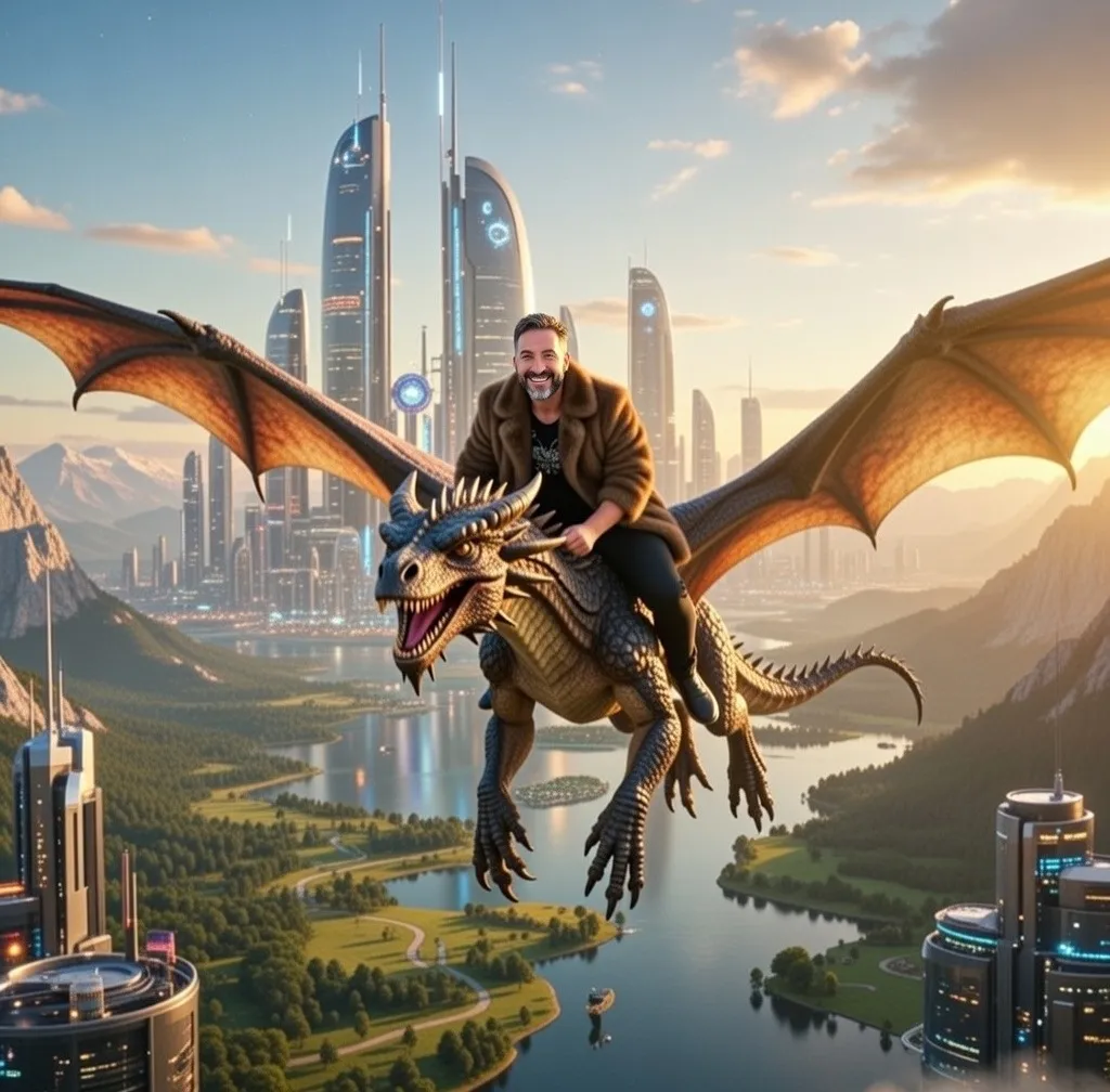 Oliver Brandenburg sitzt auf einem goldenen Drachen vor futuristischer Skyline