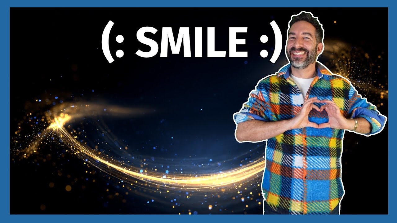Videostandbild mit Oliver Brandenburg, der ein Herzzeichen formt, Text SMILE mit Emoticons