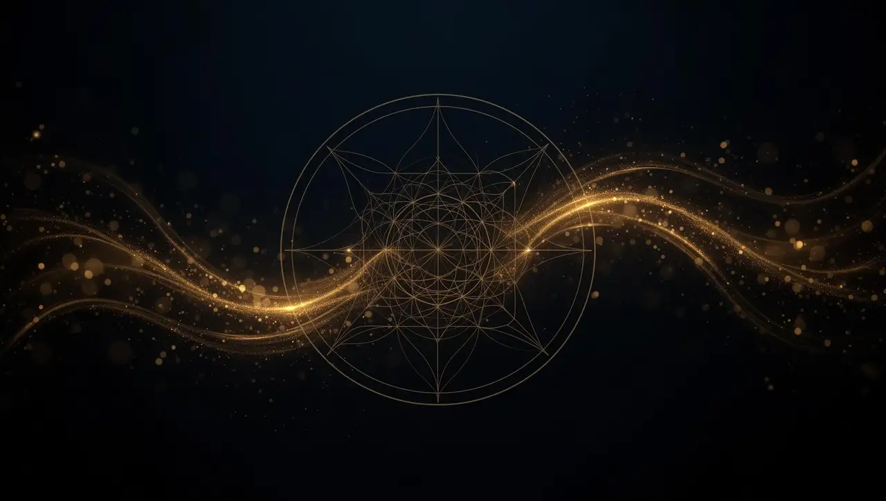Abstrakte Grafik mit geometrischen Mustern und goldenem Lichtfluss auf schwarzem Hintergrund