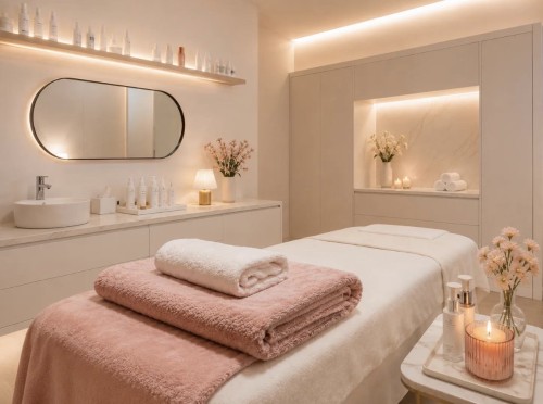Modernes Spa-Behandlungszimmer mit Massageliege, rosa Handtüchern, beleuchtetem Waschbereich und Kosmetikprodukten