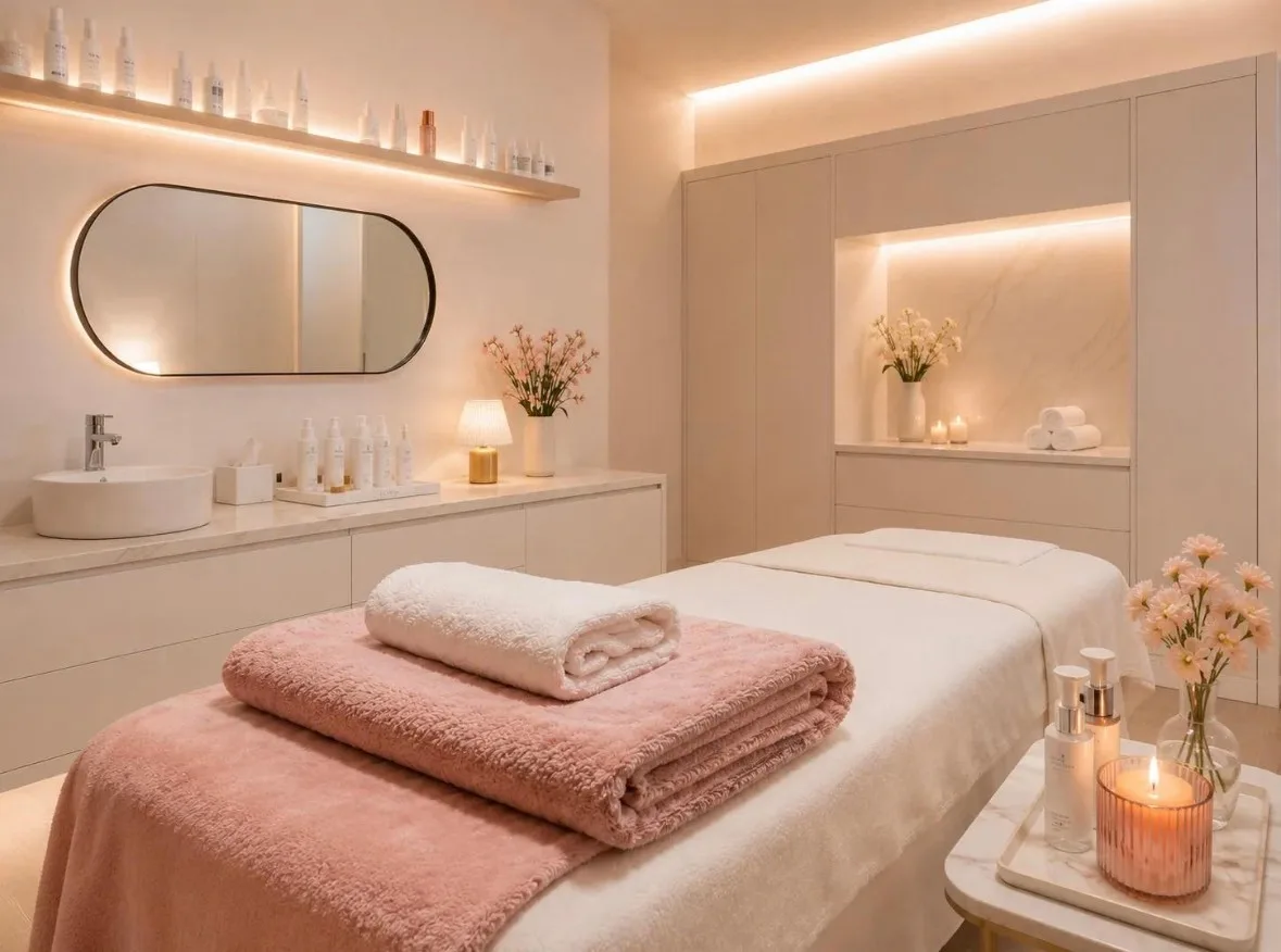 Luxuriöses Spa-Behandlungszimmer mit beige Einrichtung, Massageliege mit rosa Handtüchern, beleuchtetem Waschbecken und Kosme