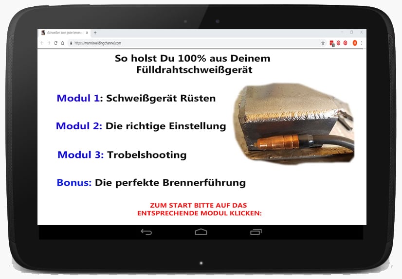 Screenshot des Videokurses mit Modulübersicht und Fülldrahtschweißgerät