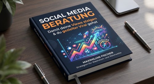 E-Book-Cover Social Media Beratung mit Titel und grafischen Elementen auf Schreibtisch