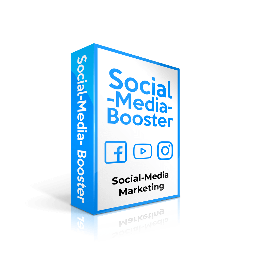 3D-Produktbox Social-Media-Booster mit Facebook-, YouTube- und Instagram-Icons