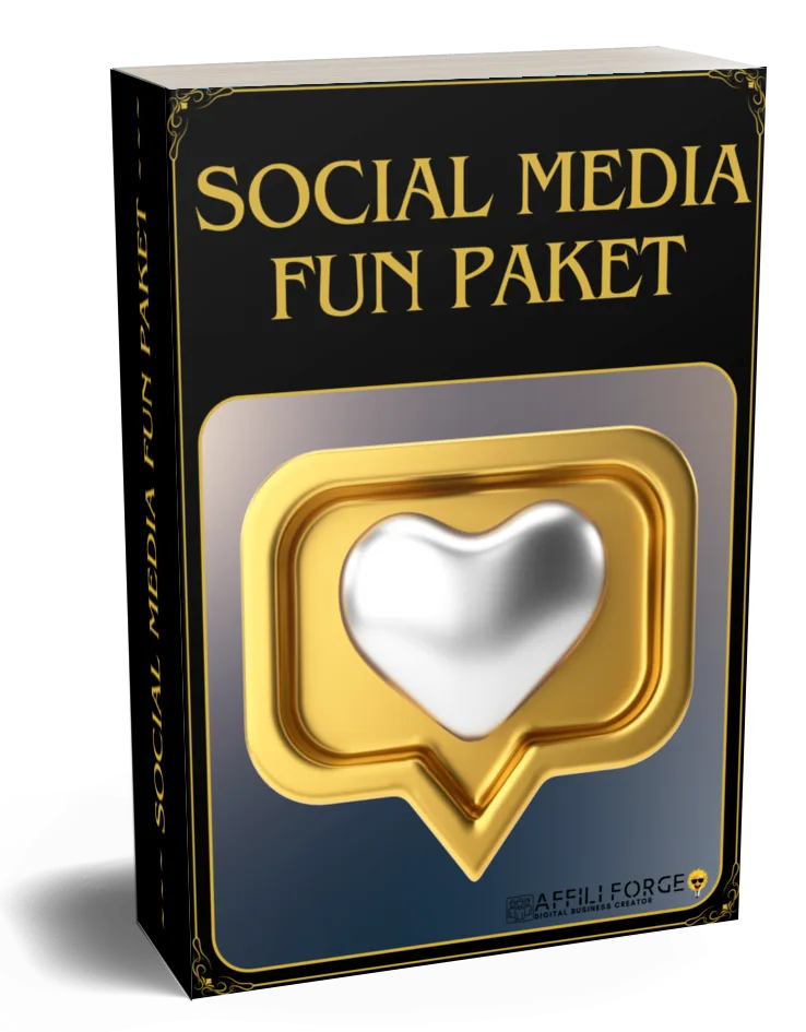 Social Media FUN Paket – Videokurs zu Affiliate-Marketing 4 3D Produktmockup Social Media FUN Paket Box mit goldenem Like-Symbol in Nachrichtenblase und weißem Herz, schwarze Verpackung