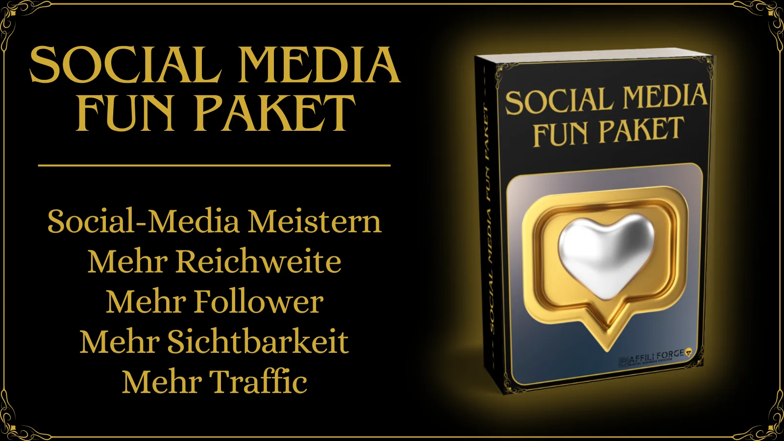 Social Media FUN Paket – Videokurs zu Affiliate-Marketing 2 Hero-Banner Social Media FUN Paket mit Produktbox und goldenem Like-Symbol, Versprechungen: Social-Media Meistern, Mehr Reich