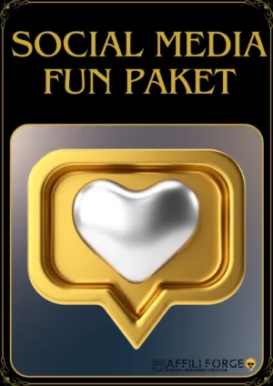 Produktcover Social Media FUN Paket mit goldenem Like-Symbol in Nachrichtenblase und weißem Herz, schwarzer Hintergrund mit A