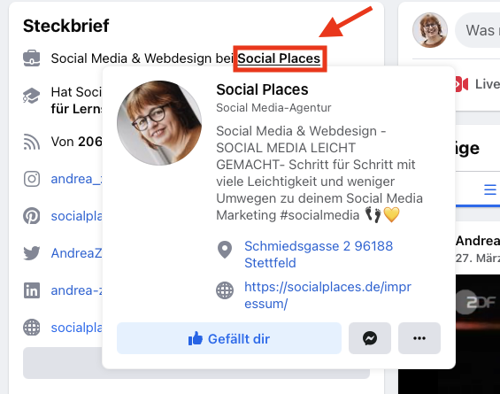 Social Media Inhalte leicht gemacht – Content-Paket mit Vorlagen 7 Screenshot eines Facebook-Profils von Social Places mit Agentur-Informationen