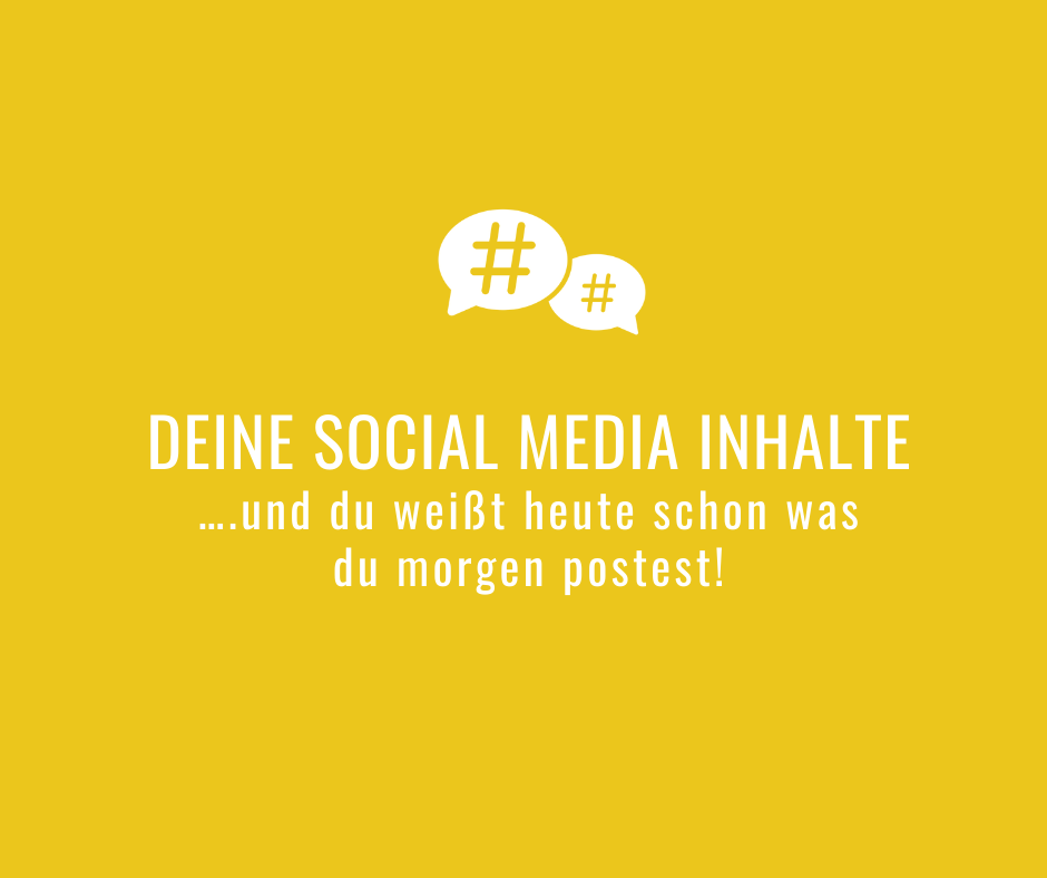 Social Media Inhalte leicht gemacht – Content-Paket mit Vorlagen 3 Hero-Banner mit gelbem Hintergrund, zwei Sprechblasen mit Hashtag-Symbolen und Text über Social Media Inhalte