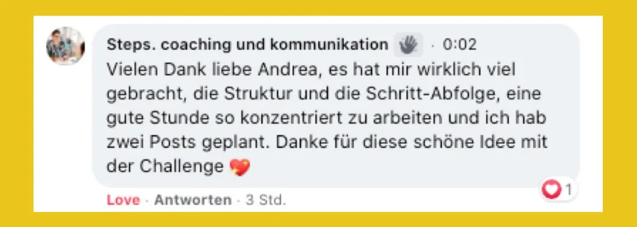 Social Media Inhalte leicht gemacht – Content-Paket mit Vorlagen 6 Kundenstimme von Steps Coaching und Kommunikation mit Lob für Challenge und Struktur