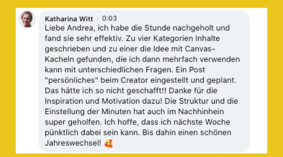 Social Media Inhalte leicht gemacht – Content-Paket mit Vorlagen 4 Kundenstimme von Katharina Witt über Effektivität und Inspiration der Challenge