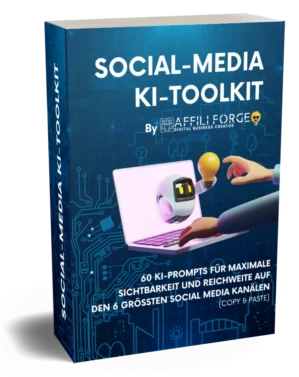 Social-Media KI Toolkit Buchcover mit Laptop, Glühbirne und KI-Symbol
