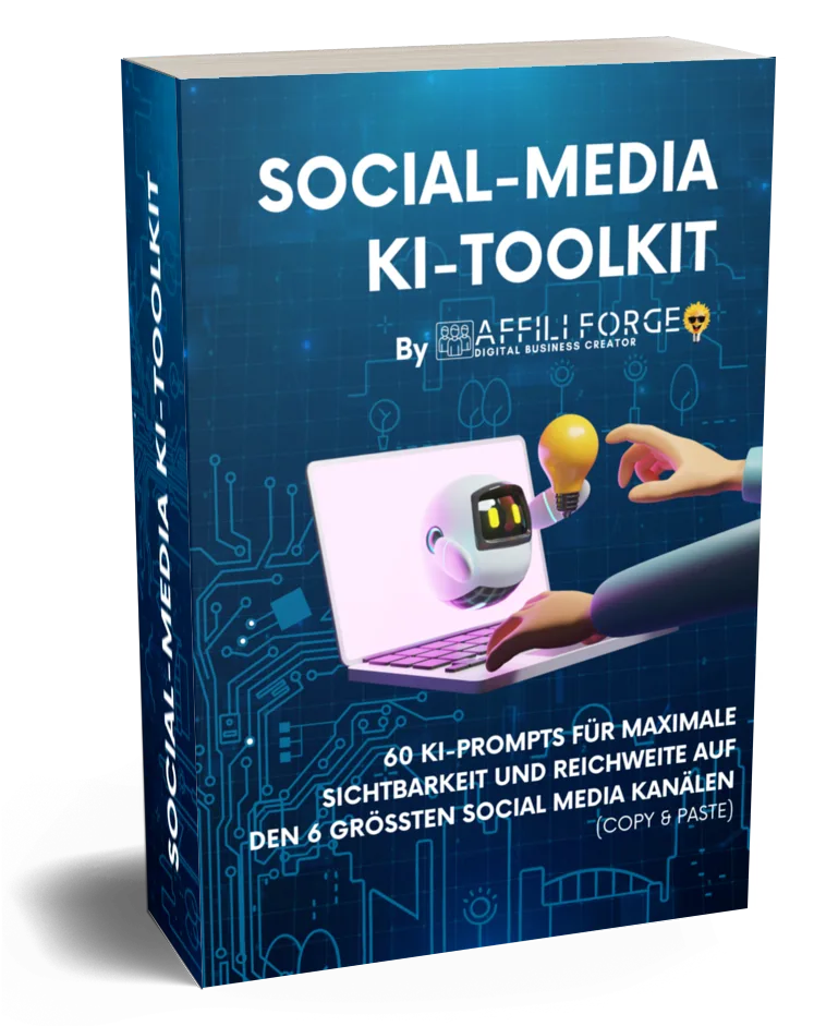 Social-Media KI Toolkit – Prompt-Paket mit Videokurs 1 Social-Media KI Toolkit Buchcover mit Laptop, Glühbirne und KI-Symbol