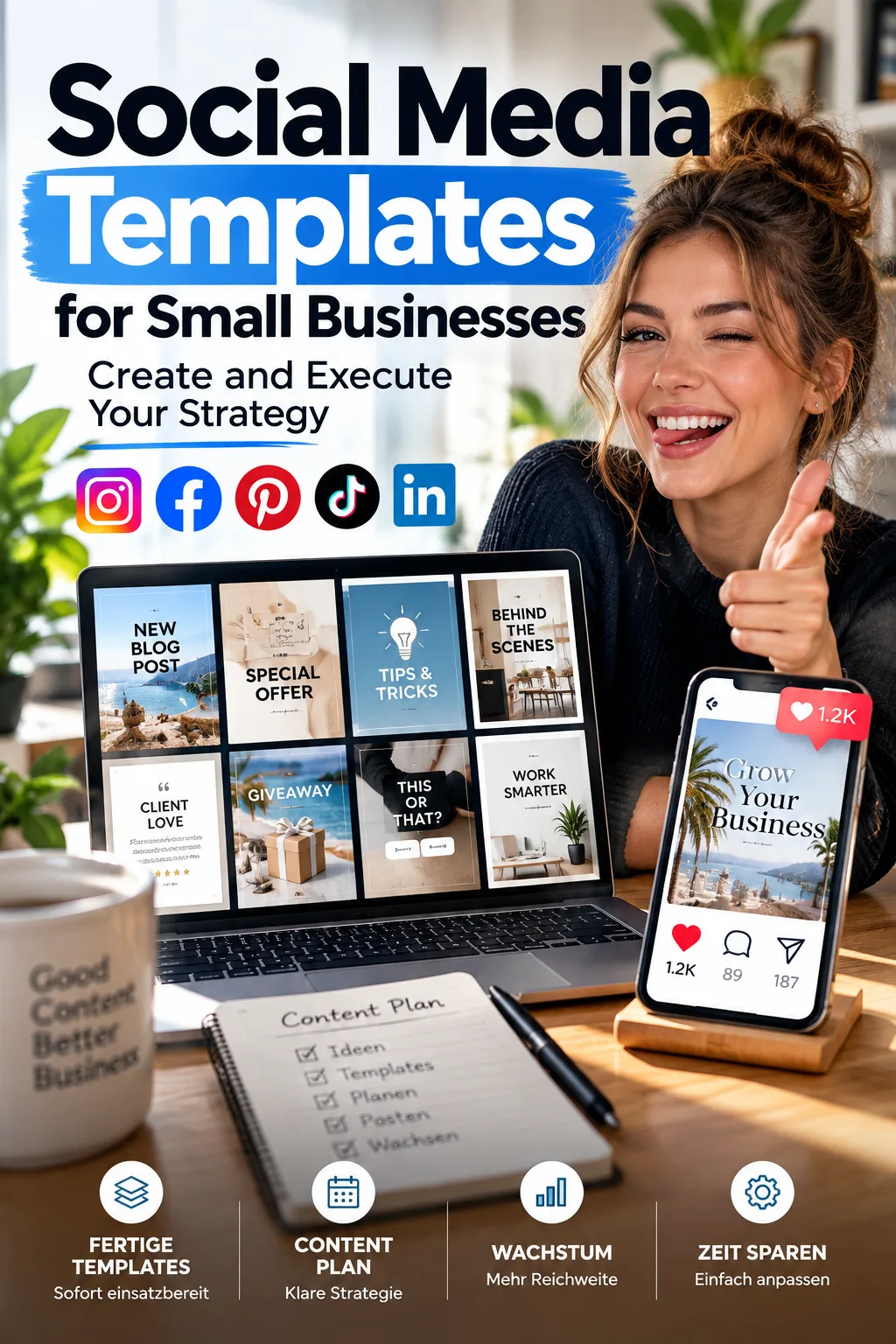 Social-Media-Templates-Cover für kleine Unternehmen mit Frau, Laptop und Smartphone in Büroumgebung